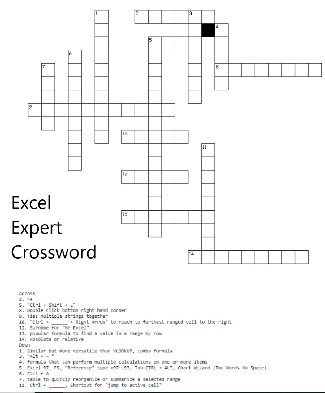 Excel Expert Crossword Puzzle