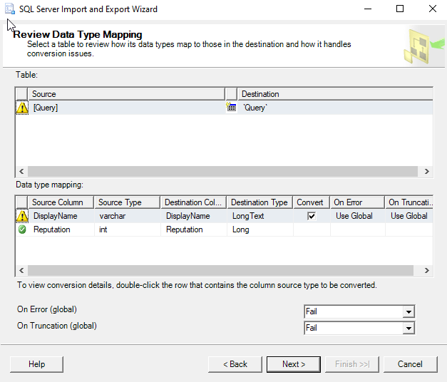 data type mapping screen